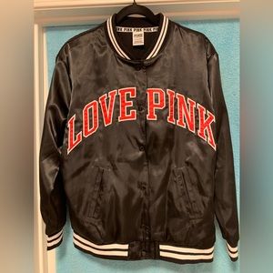 VICTORIA’S SECRET WOMENS LOVE PINK BLACK SATIN BASEBALL JACKET SIZE SMALL